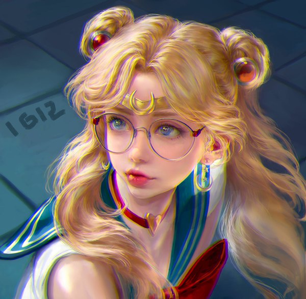 Anime picture 1914x1871 with bishoujo senshi sailor moon toei animation tsukino usagi sailor moon jiayuan song single long hair fringe highres blue eyes blonde hair twintails upper body lips realistic hair bun (hair buns) looking up anaglyph sailor collar bespectacled