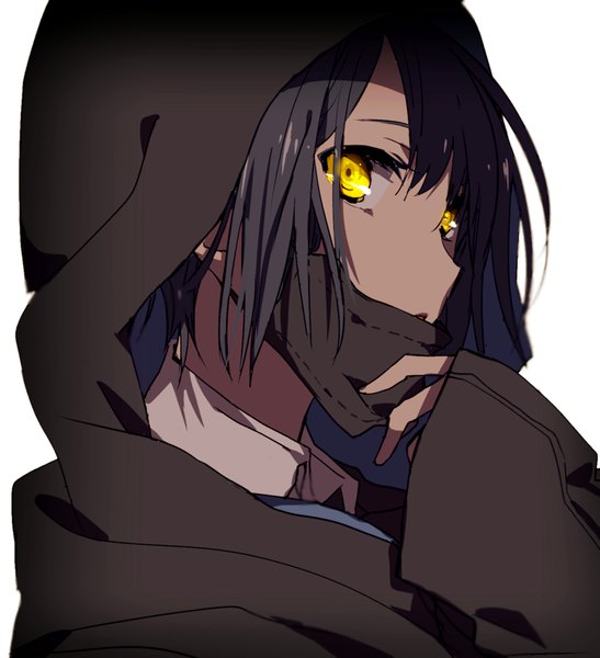 Anime picture 849x930 with original hiiragi fuyuki single tall image looking at viewer fringe short hair open mouth black hair simple background hair between eyes white background yellow eyes sleeves past wrists portrait mask pull girl hood hoodie surgical mask