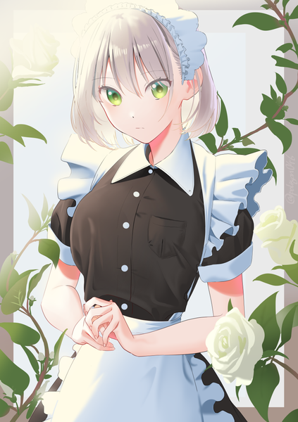 Anime picture 885x1254 with original poligon (046) single tall image looking at viewer blush fringe short hair hair between eyes standing green eyes signed grey hair short sleeves maid puffy sleeves twitter username border hands clasped girl