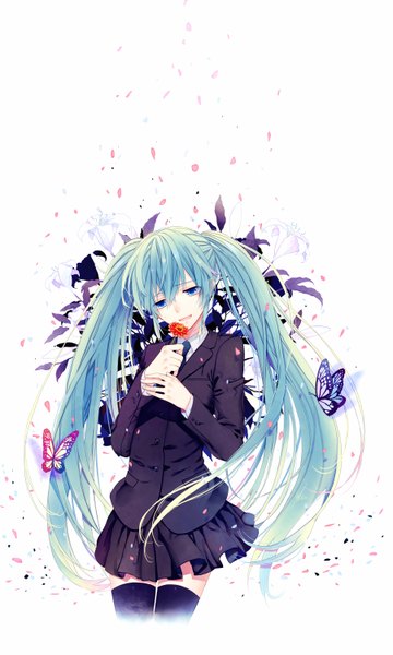 Anime picture 900x1500 with vocaloid saihate (vocaloid) hatsune miku too mizuguchi single long hair tall image open mouth blue eyes simple background white background twintails aqua hair sad girl thighhighs flower (flowers) black thighhighs petals insect