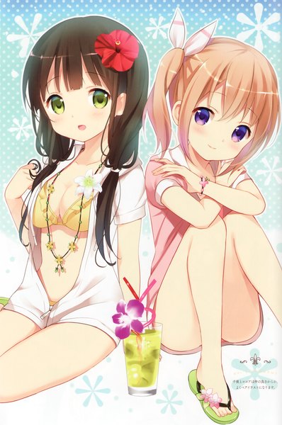 Anime picture 2871x4330 with gochuumon wa usagi desu ka? white fox hoto cocoa ujimatsu chiya koi (koisan) long hair tall image highres light erotic blonde hair brown hair sitting purple eyes multiple girls green eyes hair flower girl hair ornament flower (flowers) 2 girls