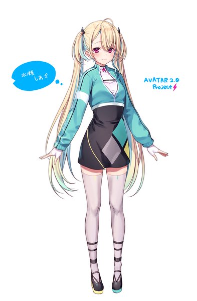 Anime picture 1072x1637 with virtual youtuber avatar 2.0 project minase shia komeshiro kasu single long hair tall image looking at viewer blush fringe breasts simple background blonde hair smile standing white background twintails full body ahoge long sleeves
