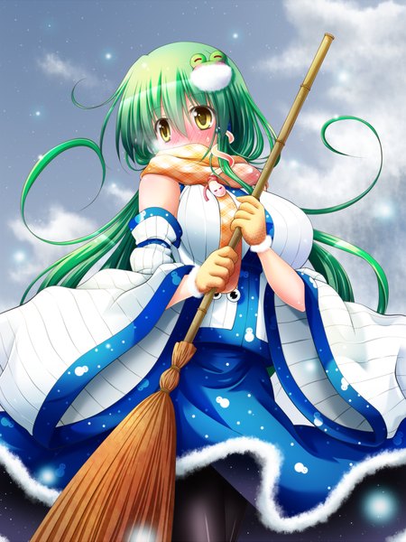 Anime picture 750x1000 with touhou kochiya sanae osashin (osada) single long hair tall image blush yellow eyes green hair wide sleeves embarrassed snowing winter covered mouth girl dress skirt hair ornament detached sleeves scarf