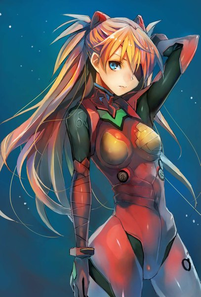 Anime picture 1155x1700 with neon genesis evangelion gainax soryu asuka langley taishi (picchiridou) single long hair tall image looking at viewer blue eyes twintails orange hair arm behind head girl gloves hair ornament bodysuit eyepatch pilot suit