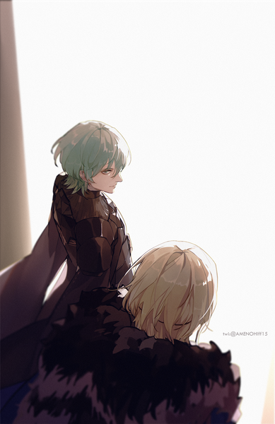 Anime picture 1000x1543 with fire emblem fire emblem: three houses nintendo byleth (fire emblem) dimitri alexandre blaiddyd byleth (male) (fire emblem) amenohi tall image short hair blonde hair signed from above aqua hair multiple boys twitter username boy armor 2 boys