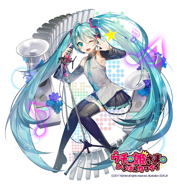 Anime picture 922x965 with vocaloid hatsune miku sorolp single tall image looking at viewer fringe open mouth hair between eyes white background twintails signed full body very long hair one eye closed aqua eyes wink aqua hair wide sleeves ;d
