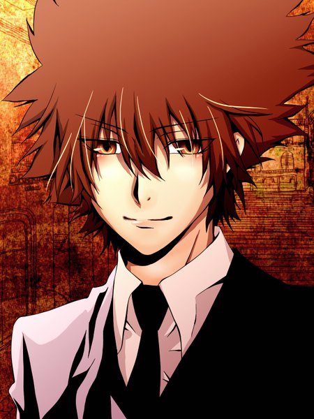 Anime picture 1200x1600 with katekyou hitman reborn sawada tsunayoshi ojou tall image short hair smile brown hair brown eyes boy necktie suit