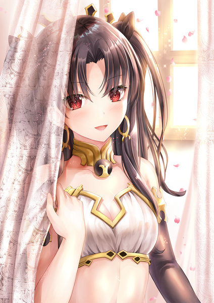 Anime picture 848x1200 with fate (series) fate/grand order ishtar (fate) toshi (1-147) single long hair tall image looking at viewer blush fringe open mouth black hair smile hair between eyes red eyes bare shoulders upper body :d bare belly two side up