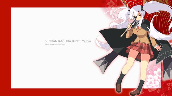 イラスト 1920x1080 と 閃乱カグラ yagyu (senran kagura) 八重樫南 ソロ 長髪 highres 赤い目 wide image ツインテール white hair 女の子 スカート 制服 学生服 ミニスカート 傘 マント 眼帯