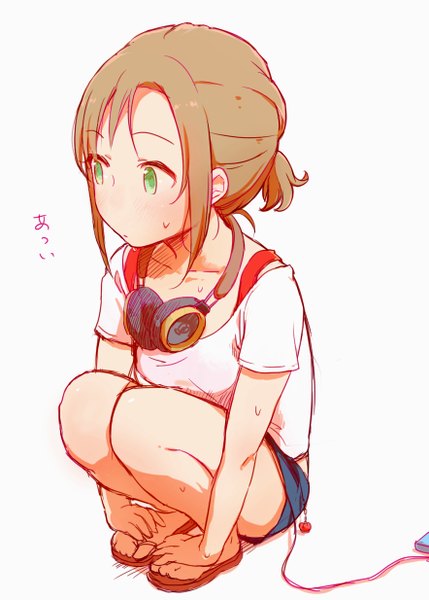 Anime picture 883x1234 with idolmaster idolmaster cinderella girls tada riina emu (emum) single tall image blush short hair simple background brown hair white background green eyes looking away ponytail inscription squat girl headphones wire (wires)