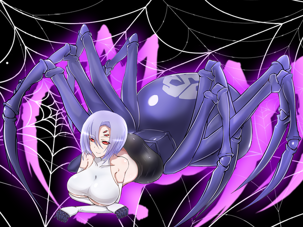 イラスト 1600x1204 と モンスター娘のいる日常 rachnera arachnera 藤草 ソロ カメラ目線 前髪 短い髪 おっぱい light erotic simple background hair between eyes 赤い目 大きな乳房 肩出し purple hair 全身 from above light smile 下乳 black background