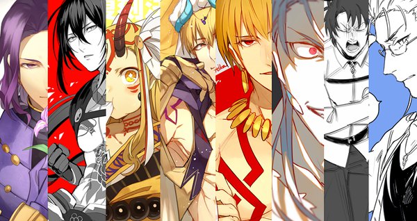 Anime picture 942x500 with fate (series) fate/grand order fate/stay night fate/zero fate/extra gilgamesh (fate) cu chulainn (fate) fujimaru ritsuka (male) diarmuid ua duibhne (lancer) (fate) ibaraki douji (fate) berserker (fate/zero) gilgamesh (caster) (fate) yan qing (fate) cu chulainn (fate/grand order) assassin (fate/extra) nozi itika long hair fringe short hair open mouth