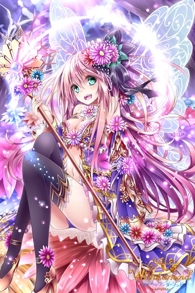 Anime picture 800x1200 with a's wonderland chabaneko single long hair tall image looking at viewer blush open mouth blue eyes light erotic pink hair hair flower insect wings butterfly wings girl thighhighs dress navel hair ornament flower (flowers)