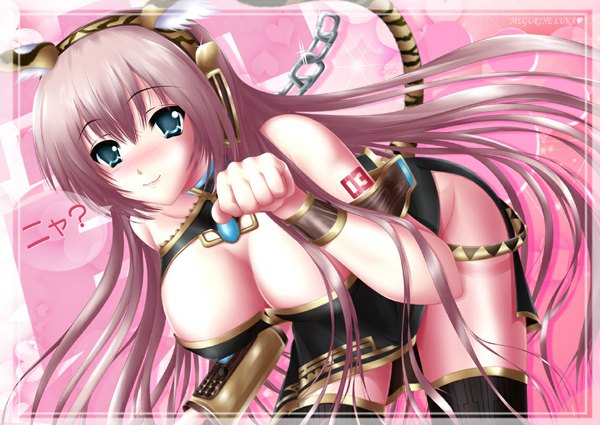 Anime picture 1129x800 with vocaloid megurine luka nohoho (kakikonchi) single long hair blush breasts blue eyes light erotic large breasts bare shoulders animal ears pink hair cat ears cat tail girl thighhighs black thighhighs chain