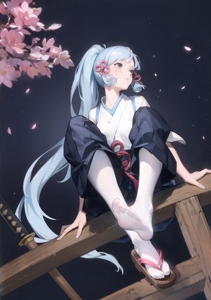 Anime picture 2462x3506 with genshin impact kamisato ayaka le (huanglongen) single long hair tall image fringe highres simple background sitting payot looking away ponytail blunt bangs nail polish traditional clothes parted lips japanese clothes aqua eyes aqua hair
