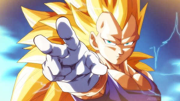 Anime picture 3508x1973 with dragon ball z vegeta tom skender single long hair looking at viewer highres blue eyes blonde hair wide image victory muscle lightning boy gloves