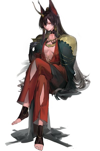 Anime picture 3189x4815 with arknights ya (arknights) koio single long hair tall image highres light erotic black hair simple background red eyes white background sitting animal ears absurdres full body no shoes crossed legs androgynous earrings