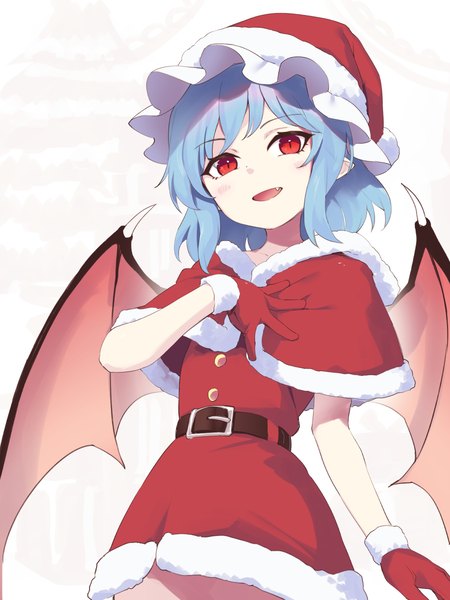 Anime picture 900x1200 with touhou remilia scarlet asutora single tall image blush fringe short hair open mouth simple background smile red eyes standing blue hair head tilt :d pointy ears fang (fangs) hand on chest christmas