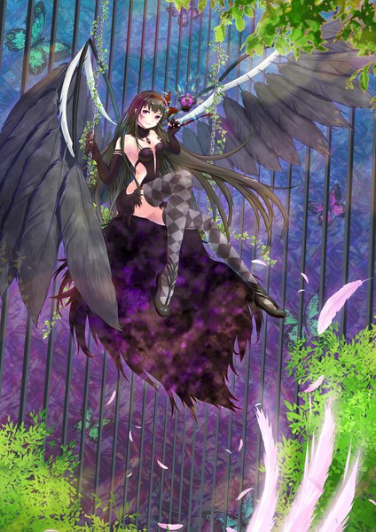 Anime picture 1000x1415 with mahou shoujo madoka magica shaft (studio) akemi homura akuma homura maimeissa single long hair tall image looking at viewer black hair smile sitting purple eyes bare shoulders cleavage full body rhombus girl thighhighs gloves