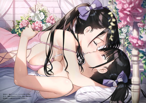 Anime picture 4980x3510 with original kantoku long hair blush fringe highres breasts light erotic black hair large breasts twintails multiple girls payot absurdres ponytail lying blunt bangs profile pink eyes scan