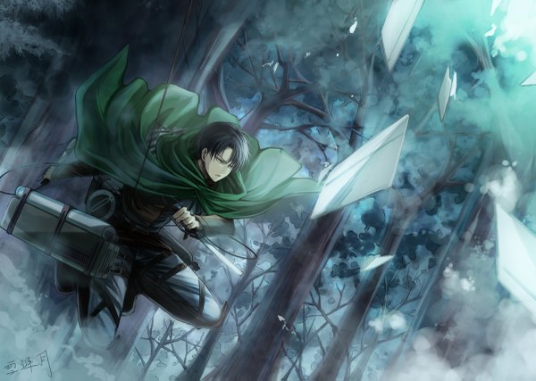 Anime picture 1200x855 with shingeki no kyojin production i.g levi (rivaille) angel31424 single short hair black hair holding signed looking away inscription hieroglyph serious dual wielding broken broken glass boy weapon plant (plants) tree (trees)