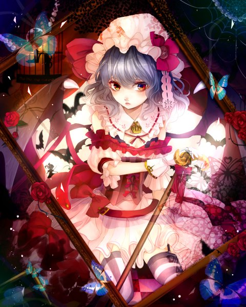 Anime picture 1024x1280 with touhou remilia scarlet renkarua single long hair tall image looking at viewer red eyes grey hair empty picture frame girl thighhighs dress flower (flowers) bow animal wings rose (roses) insect butterfly