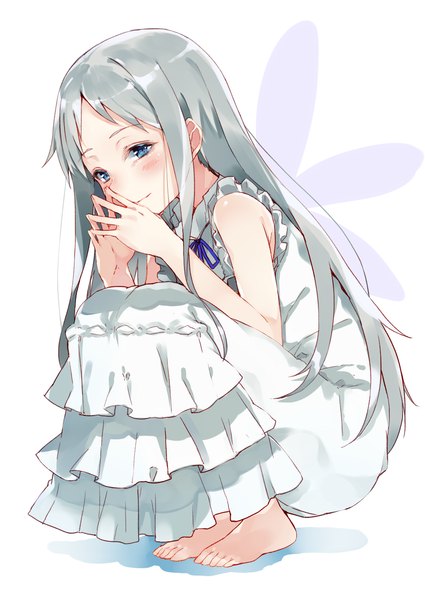 Anime picture 1000x1412 with ano hi mita hana no namae wo bokutachi wa mada shiranai a-1 pictures honma meiko kou mashiro single long hair tall image looking at viewer blush blue eyes full body barefoot grey hair squat girl dress flower (flowers) white dress sundress