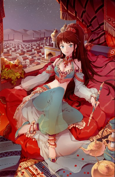 Anime picture 2282x3491 with original nardack single long hair tall image highres breasts blue eyes smile brown hair sitting sky ponytail city girl detached sleeves food bed star (stars) jewelry