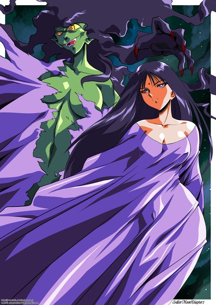 Anime picture 2480x3507 with bishoujo senshi sailor moon toei animation sailor moon monster book balm hinomars19 long hair tall image highres light erotic black hair yellow eyes cleavage pointy ears grey eyes fang (fangs) torn clothes turning head border dual persona monster girl