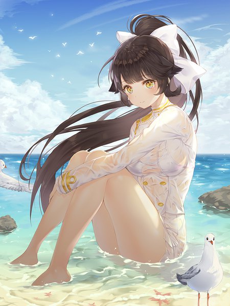 Anime-Bild 800x1067 mit azur lane takao (azur lane) mellozzo single long hair tall image looking at viewer blush fringe light erotic black hair sitting yellow eyes sky cloud (clouds) ponytail barefoot light smile partially submerged wet clothes