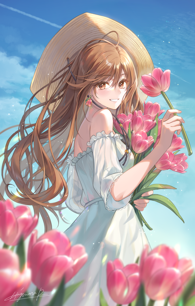 Anime picture 2550x4000 with original hagiwara rin single long hair tall image looking at viewer fringe highres smile hair between eyes brown hair standing bare shoulders holding brown eyes signed sky cloud (clouds) outdoors parted lips
