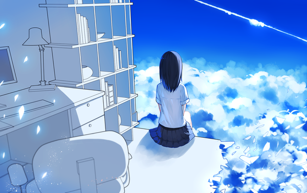 Anime picture 1653x1039 with original gkn levi single short hair black hair sitting sky cloud (clouds) pleated skirt from behind short sleeves glow girl skirt shirt white shirt chair table lamp shelf