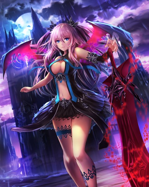Anime picture 3200x4000 with original a-line single long hair tall image highres breasts blue eyes light erotic large breasts pink hair absurdres sky cloud (clouds) night girl dress navel weapon detached sleeves