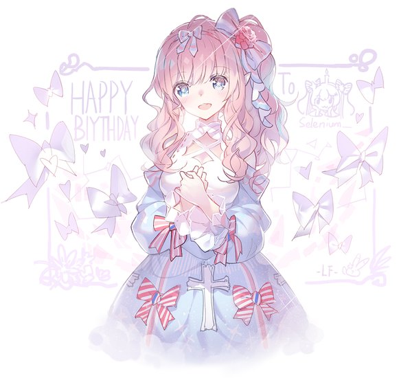 Anime picture 1191x1093 with original lf single long hair looking at viewer blush fringe open mouth blue eyes white background payot pink hair :d side ponytail symbol-shaped pupils wavy hair happy birthday girl dress bow