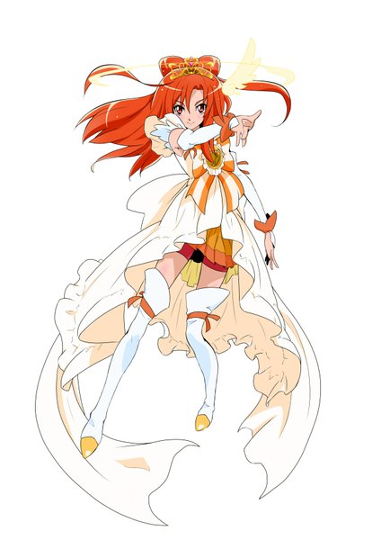 Anime picture 1240x1754 with precure smile precure! toei animation hino akane (smile precure!) cure sunny nukosann single long hair tall image simple background white background orange hair orange eyes girl dress detached sleeves thigh boots tiara