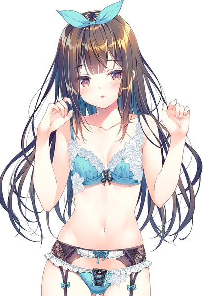 Anime picture 685x1000 with original miwabe sakura single long hair tall image looking at viewer blush fringe breasts open mouth light erotic simple background brown hair standing white background bare shoulders brown eyes payot blunt bangs multicolored hair