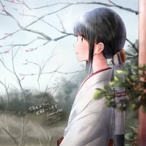 Anime picture 1280x1280 with original kazuharu kina single long hair blush fringe black hair brown eyes signed payot looking away outdoors blunt bangs traditional clothes japanese clothes profile blurry depth of field low ponytail miko