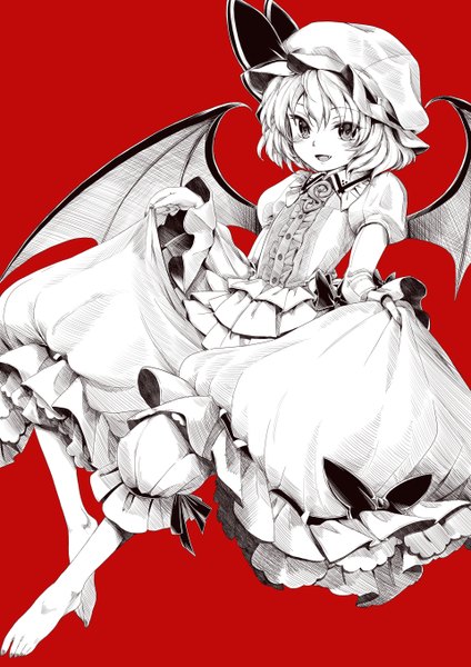 Anime picture 960x1358 with touhou remilia scarlet mizusaki (tengoku) single tall image looking at viewer blush short hair simple background barefoot teeth fang (fangs) red background bat wings dress lift vampire polychromatic girl dress wings