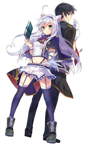 Anime picture 700x1137 with rokudenashi majutsu kouji to akashic record rokudenashi majutsu koushi to akashic record lidenfilms sistine fiber glenn radars mishima kurone long hair tall image blush short hair black hair simple background smile white background green eyes animal ears white hair girl thighhighs boy