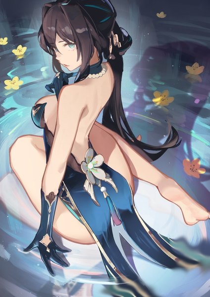 Anime picture 900x1273 with honkai: star rail honkai (series) ruan mei (honkai: star rail) eyyy single long hair tall image fringe light erotic black hair hair between eyes sitting barefoot aqua eyes from above from behind arm support bare legs shadow back