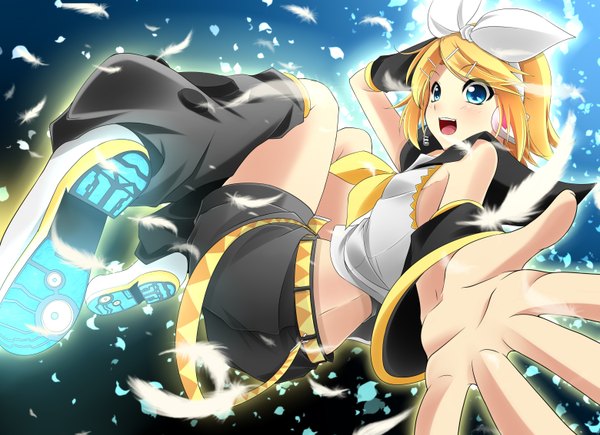Anime picture 3120x2267 with vocaloid kagamine rin koshi-kun (artist) long hair highres open mouth blue eyes blonde hair absurdres outstretched arm girl bow hair bow detached sleeves feather (feathers)