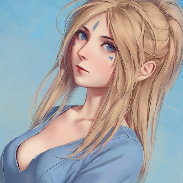 Anime picture 1364x1364 with aa megami-sama anime international company belldandy miura-n315 single long hair looking at viewer blush fringe breasts blue eyes simple background blonde hair payot upper body ponytail lips realistic facial mark blue background
