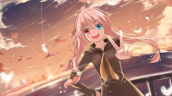 Anime picture 1600x900 with original nequioze (artist) single long hair looking at viewer open mouth blue eyes smile red eyes wide image twintails pink hair sky cloud (clouds) heterochromia evening sunset girl dress animal