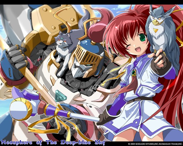 Anime picture 1280x1024 with aoi umi no tristia aoi sora no neosphere deep-blue series nanoca flanka stuka tenzan long hair looking at viewer open mouth green eyes red hair :d copyright name animal on shoulder bird on hand 2005 girl gloves weapon animal