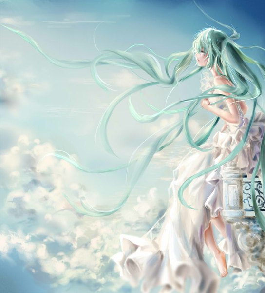 Anime picture 1000x1102 with vocaloid hatsune miku single tall image open mouth sitting bare shoulders sky cloud (clouds) eyes closed very long hair profile barefoot sleeveless singing girl dress white dress