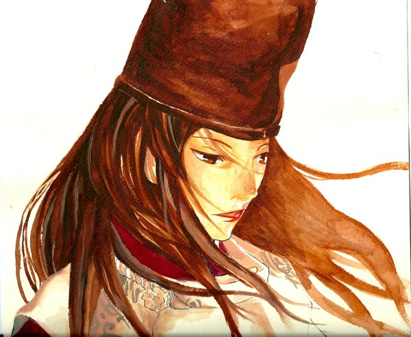 Anime picture 2006x1645 with hikaru no go studio pierrot fujiwara no sai ho muzu (artist) single long hair highres simple background brown hair white background brown eyes lips portrait face traditional media watercolor (medium) boy hat mosamosa