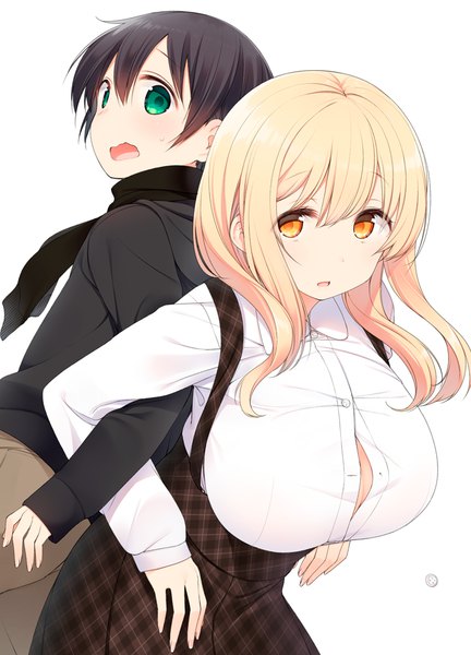 Anime picture 720x1000 with sunoharasou no kanrinin-san sunohara ayaka shiina aki nekoume long hair tall image looking at viewer fringe short hair breasts open mouth light erotic black hair simple background blonde hair hair between eyes white background green eyes yellow eyes official art