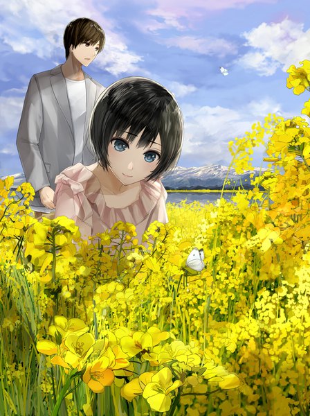 Anime picture 812x1088 with haunted campus nada koyomi mikipuruun no naegi tall image looking at viewer fringe short hair open mouth blue eyes black hair smile hair between eyes brown hair standing purple eyes looking away sky cloud (clouds) outdoors couple