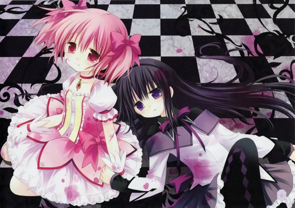 Anime picture 3013x2125 with mahou shoujo madoka magica shaft (studio) akemi homura kaname madoka long hair highres short hair black hair red eyes purple eyes twintails multiple girls pink hair absurdres lying holding hands short twintails checkered floor girl dress