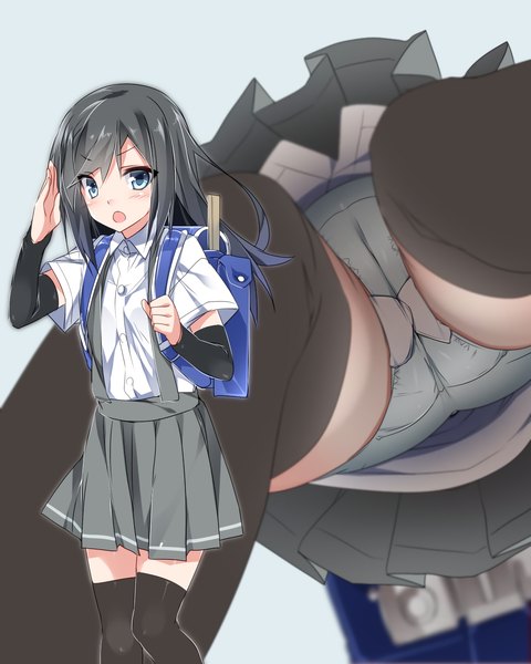 Anime picture 2048x2560 with kantai collection asashio destroyer mtu (orewamuzituda) single long hair tall image looking at viewer blush highres open mouth blue eyes light erotic black hair simple background from below blue background salute girl thighhighs skirt